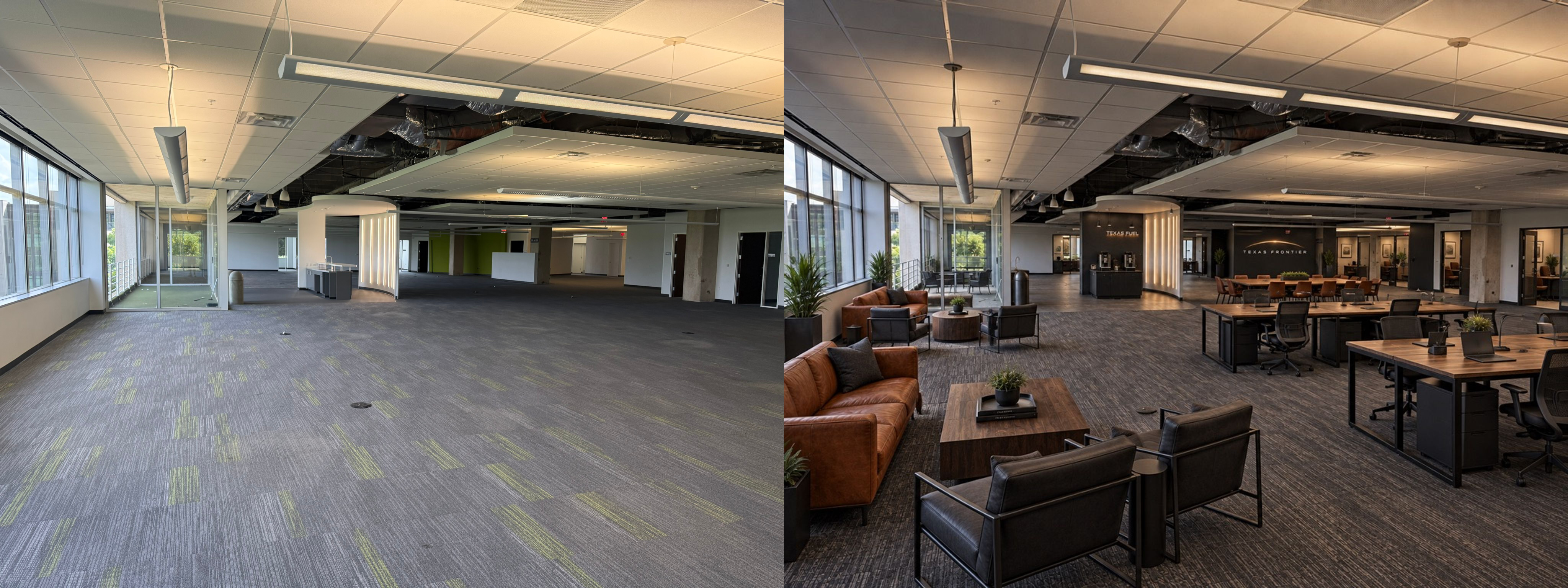 Matched side-by-side view of the existing shared floor and the same view arranged as an open workspace with work tables, private offices, and lounge seating