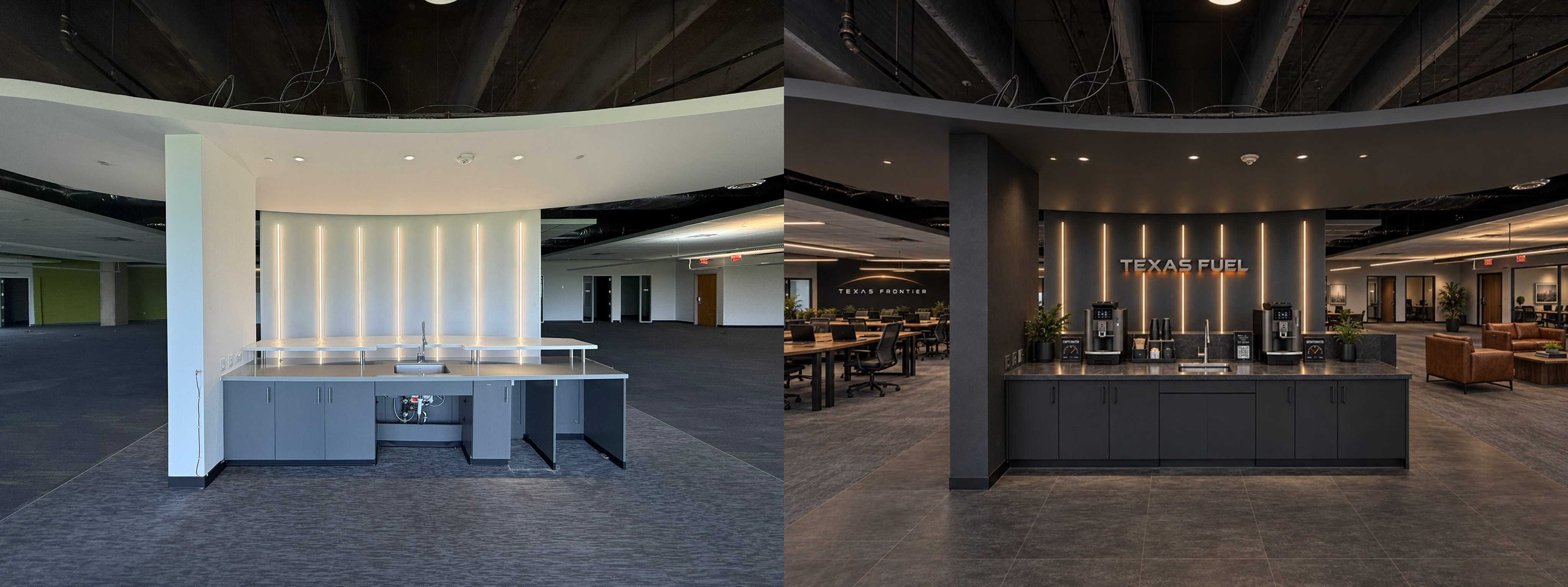 Matched side-by-side front view of the existing coffee counter and the proposed Texas Fuel coffee station in the same location