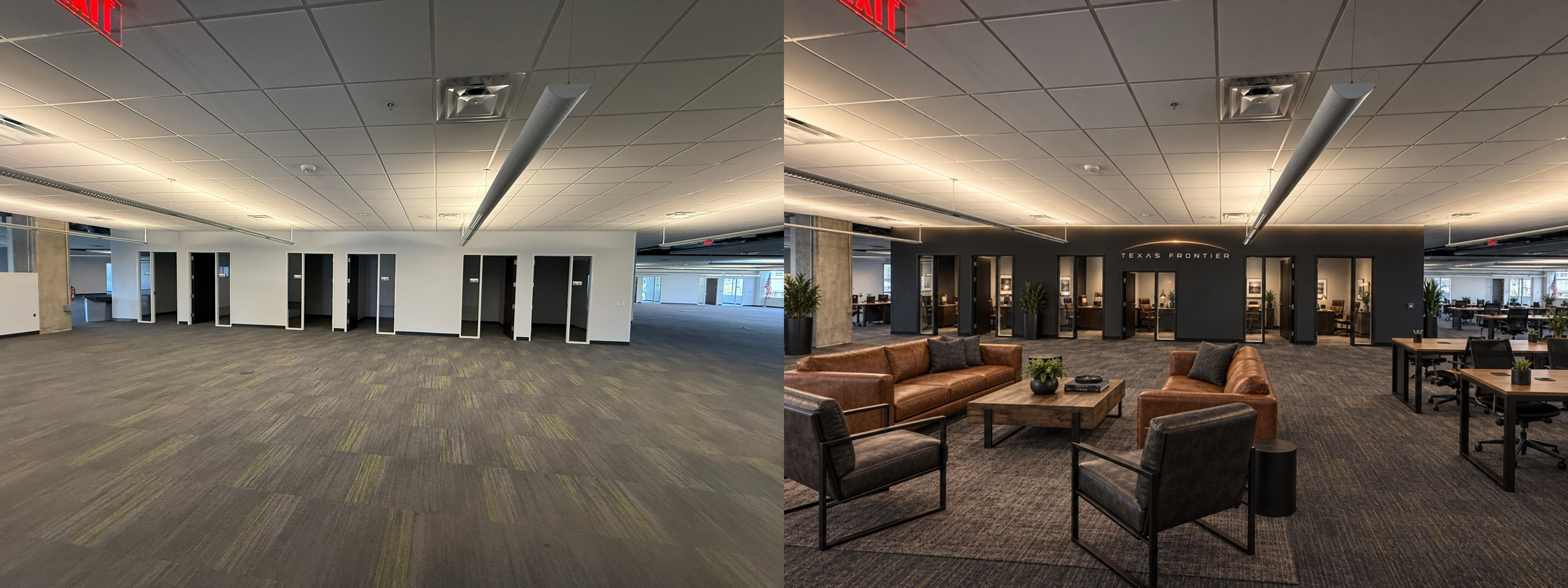 Matched side-by-side view of the existing private office doorways and the same wall finished with offices, lighting, branding, and lounge seating