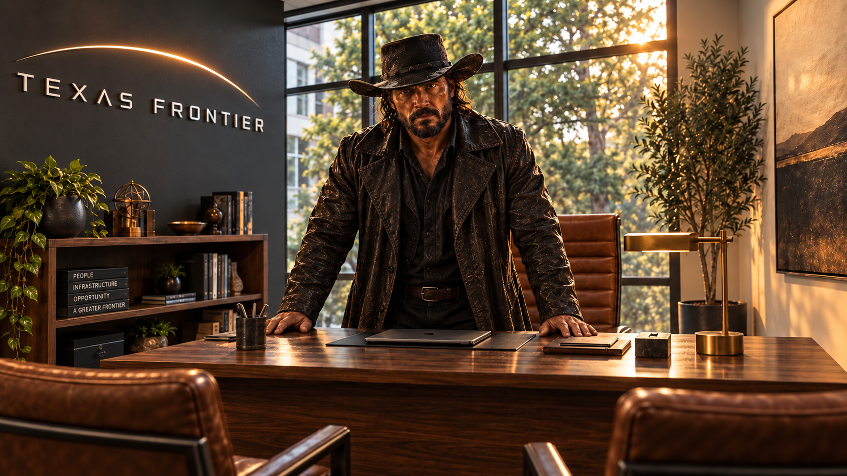 Klyde welcoming visitors from behind a desk in a warm Texas Frontier office