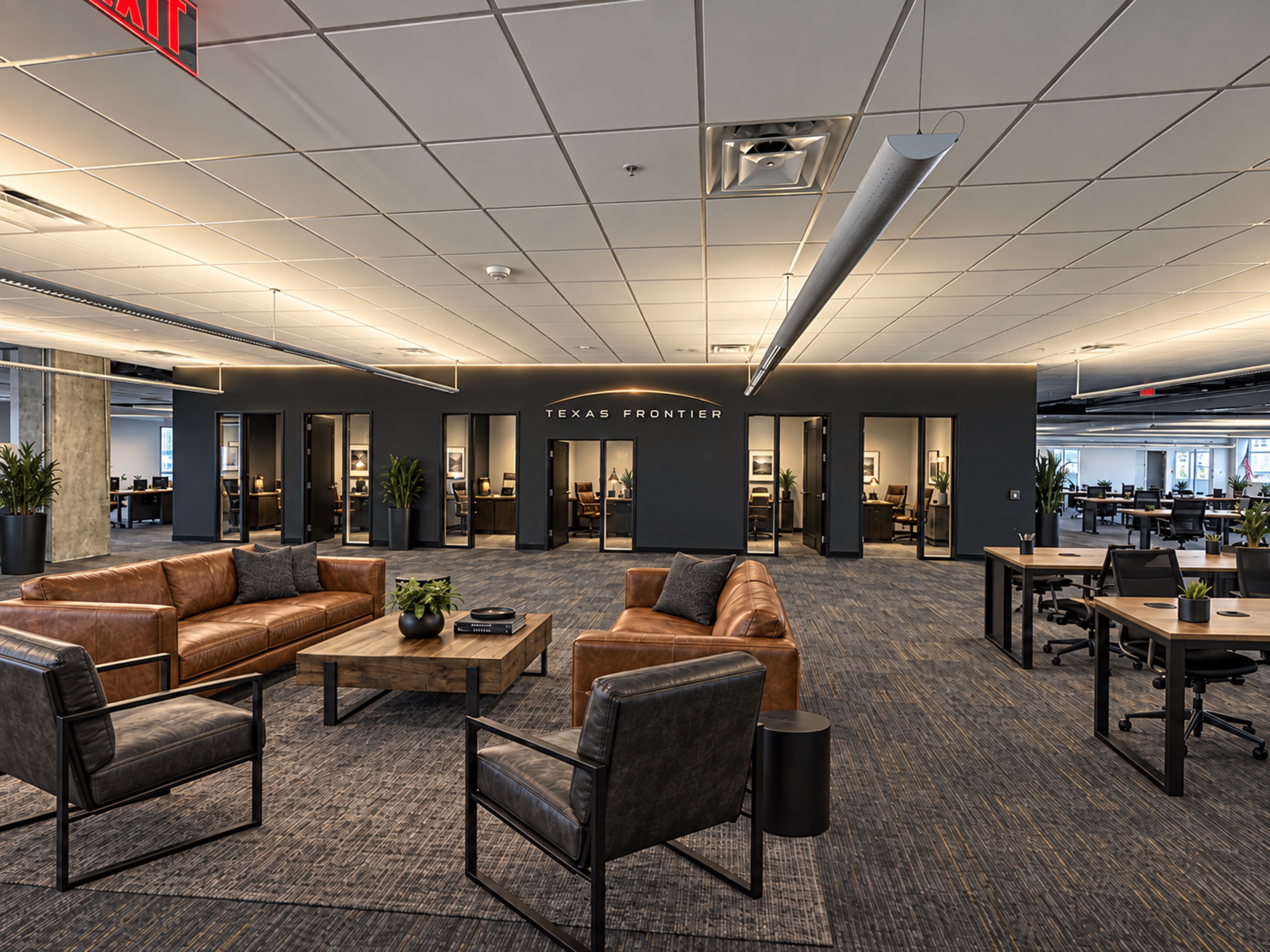 Connection Workspace with private offices, common work tables, and a warm leather lounge