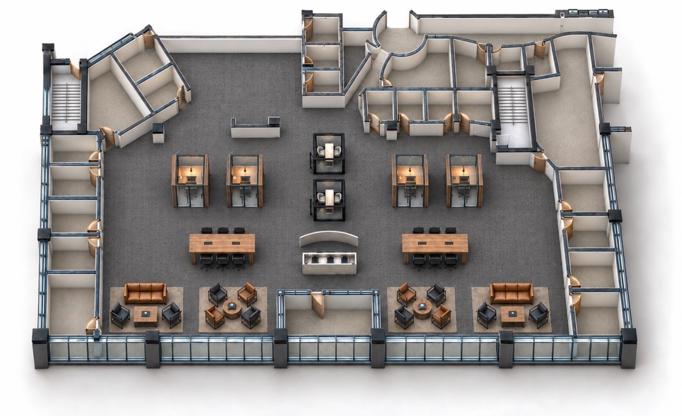 Complete Phase 1 layout with 18 private offices, a shared work floor, and room for 4 to 6 acoustically insulated conference pods