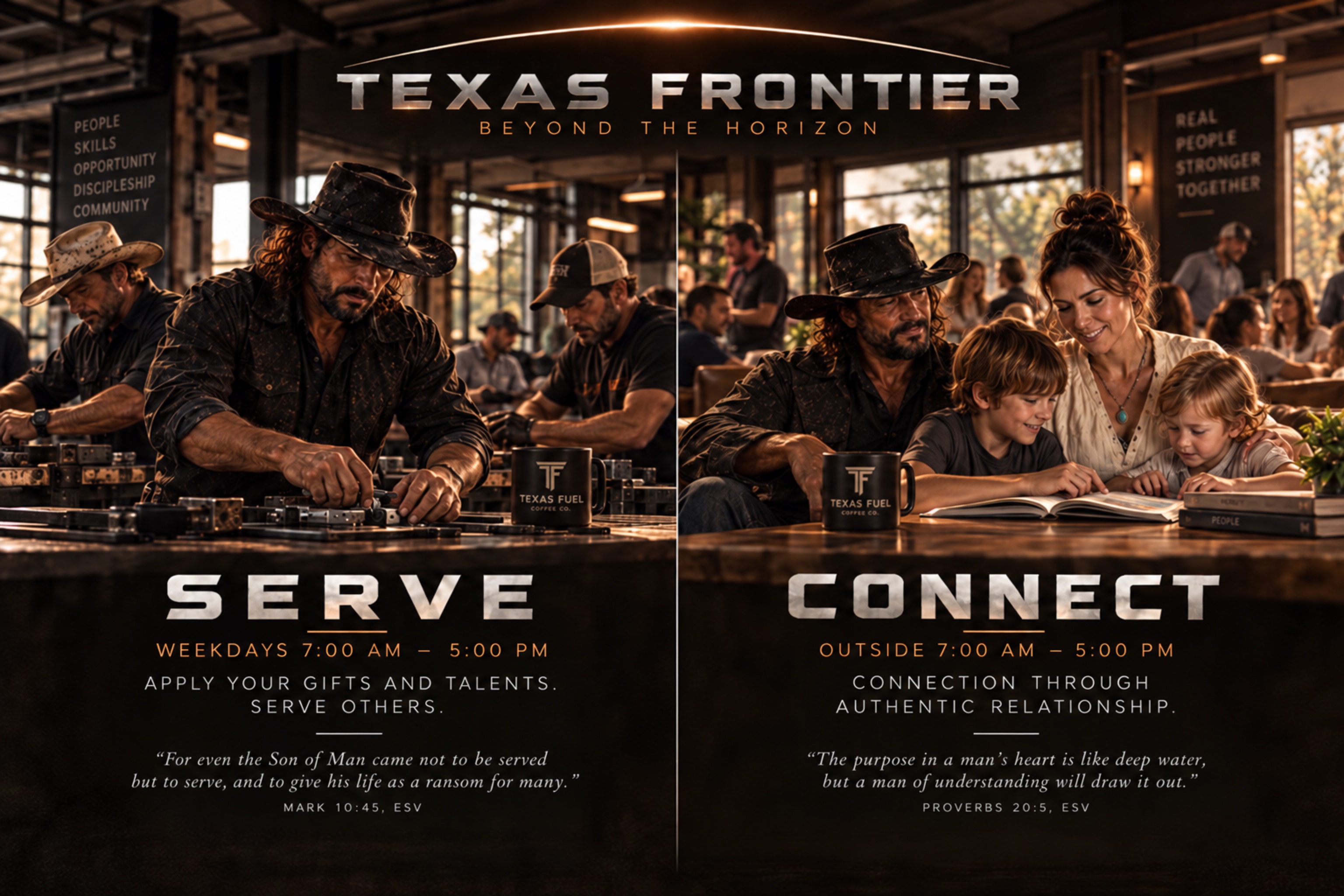 Texas Frontier Serve and Connect vision featuring Klyde McCloud, working men, and a family gathered together