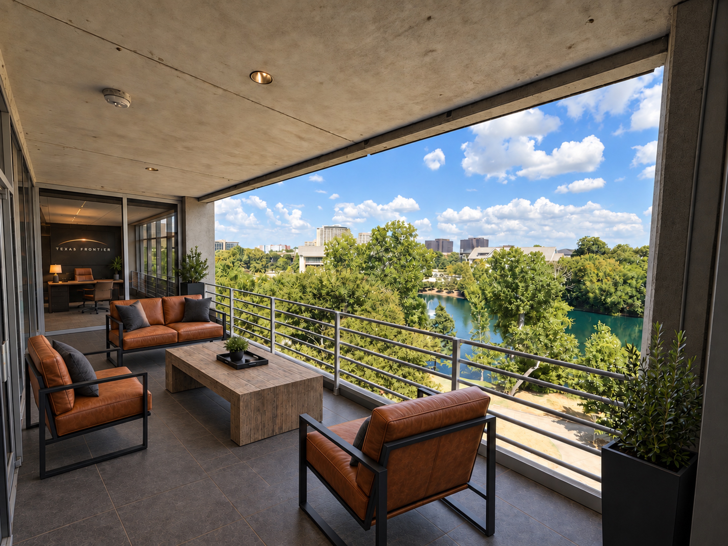 Terrace with lounge seating overlooking trees and water