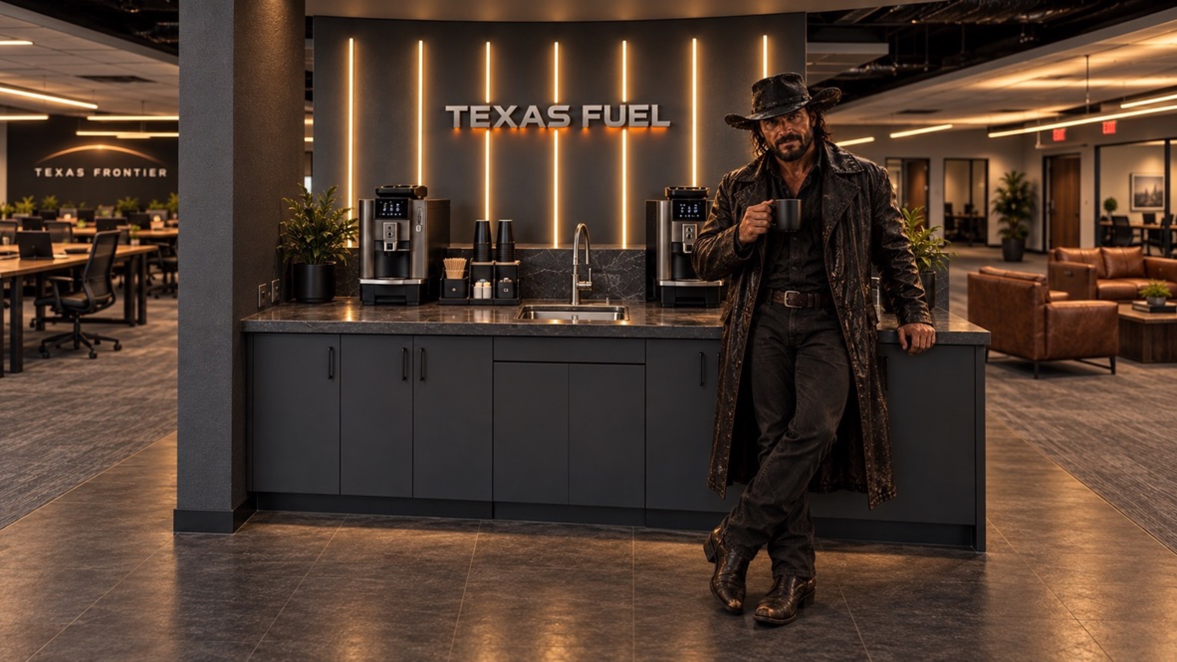Klyde McCloud at the Texas Fuel coffee station inside Connection Workspace